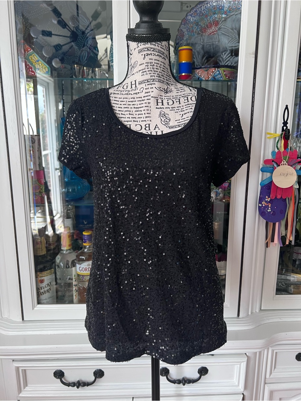 Calvin Klein Black Sequin Short-Sleeve Scoop Neck Tee M